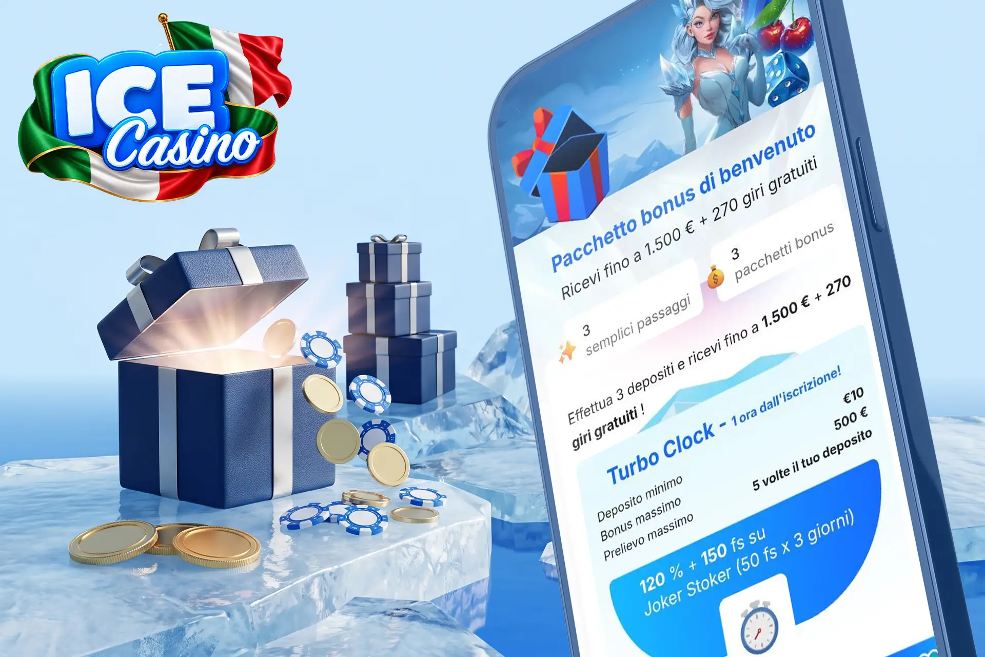 Pacchetto bonus di benvenuto esclusivo per i nuovi giocatori italiani, illustrato con un pacco regalo blu pieno di monete d'oro e un'interfaccia mobile