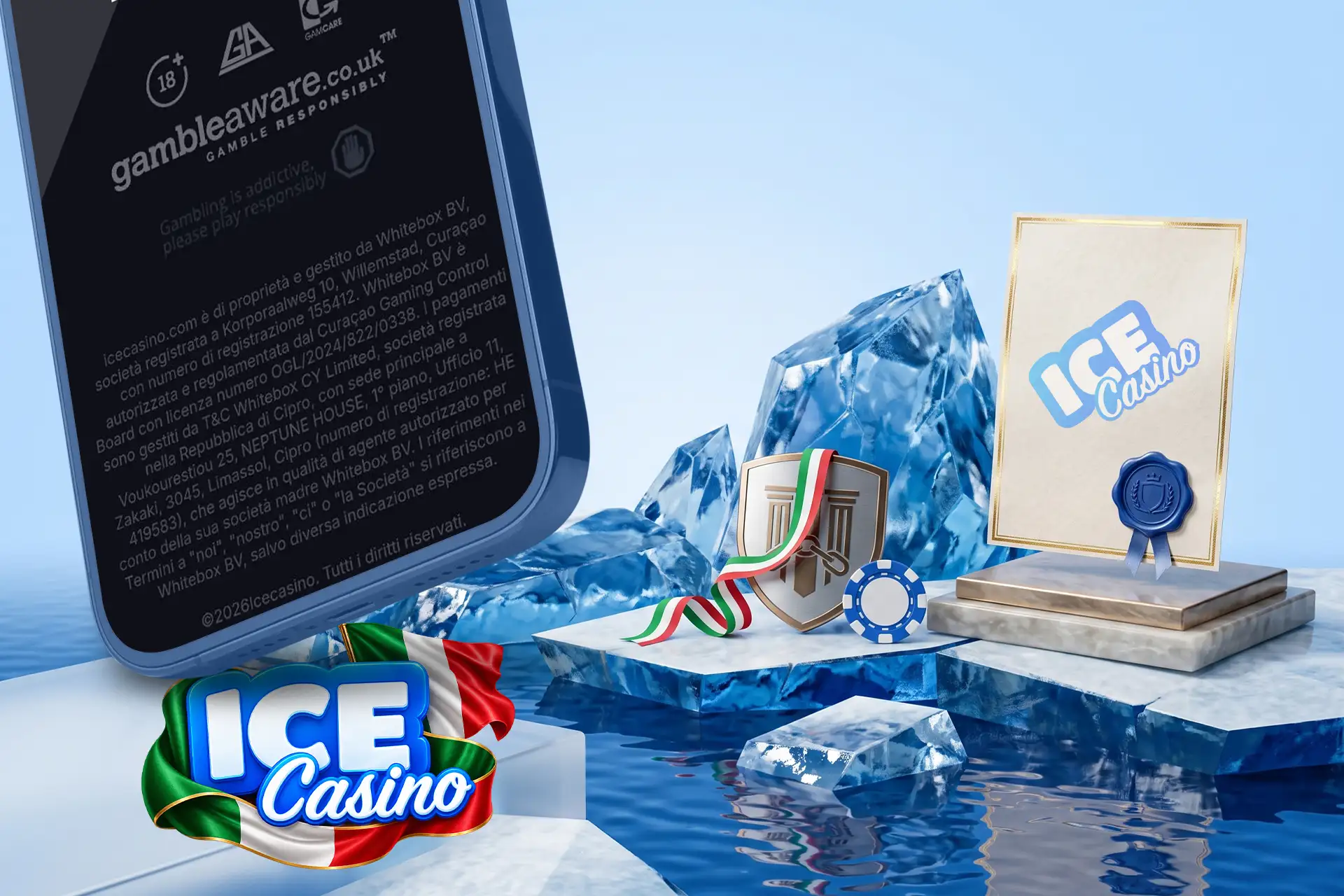 Informazioni legali e licenza ufficiale di Ice Casino, con uno scudo protettivo tricolore e un certificato di sicurezza su uno sfondo di ghiaccio