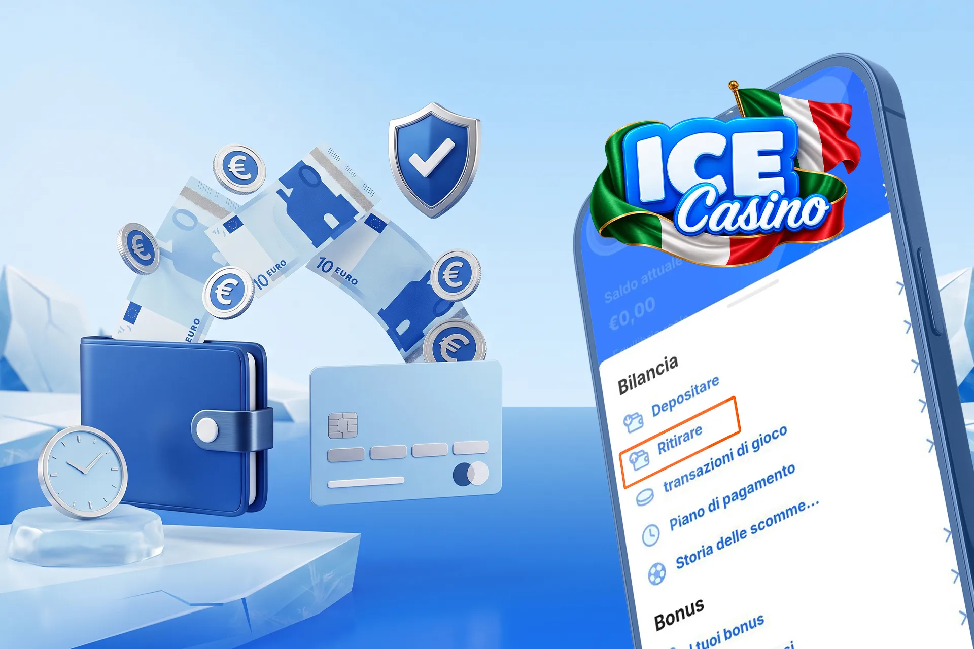 Metodi sicuri e veloci per il prelievo delle vincite, mostrati tramite un'app mobile, un portafoglio blu, una carta di credito e banconote in euro