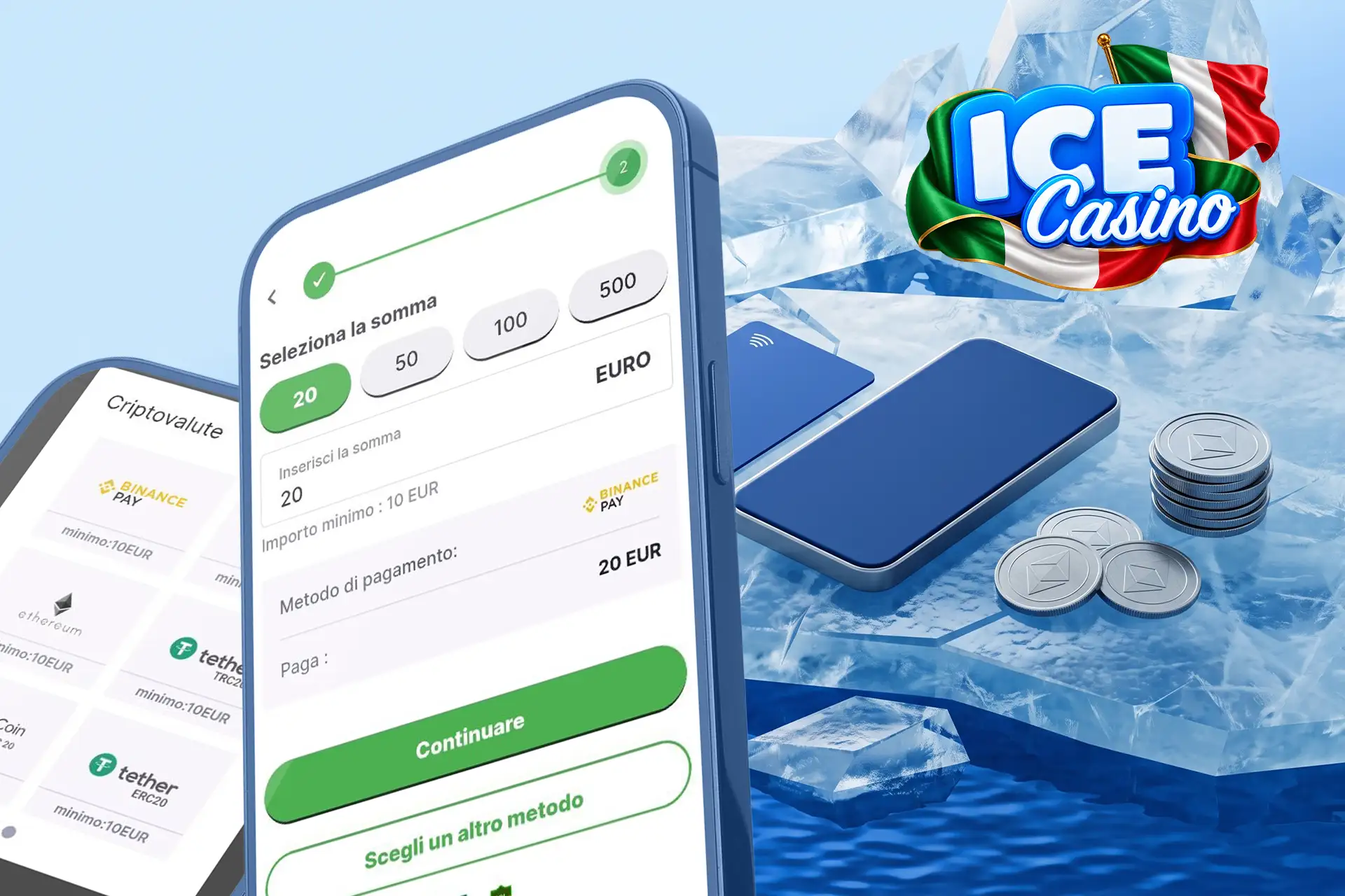 Opzioni di pagamento sicure su Ice Casino, inclusi depositi in euro e criptovalute, visualizzate su uno smartphone accanto a monete digitali e carte