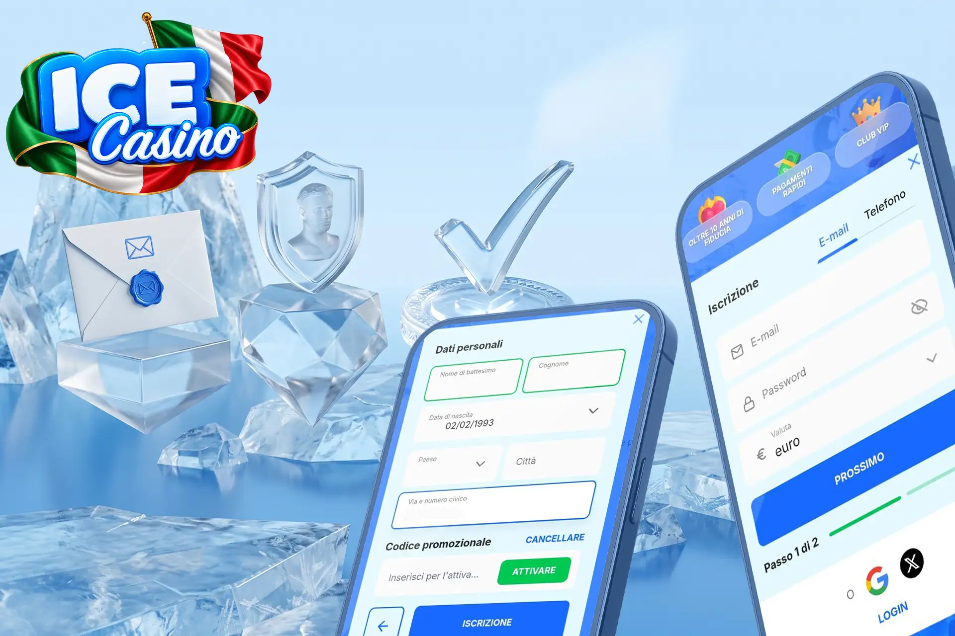 Processo di registrazione semplice e veloce per i nuovi utenti, illustrato da un modulo per i dati personali su smartphone e icone di sicurezza trasparenti
